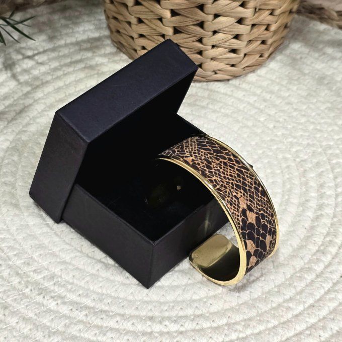 Bracelet manchette 20 mm doré et liège imprimé peau de serpent 