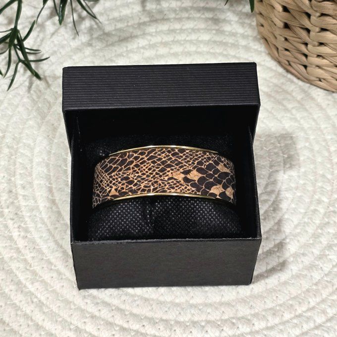 Bracelet manchette 20 mm doré et liège imprimé peau de serpent 