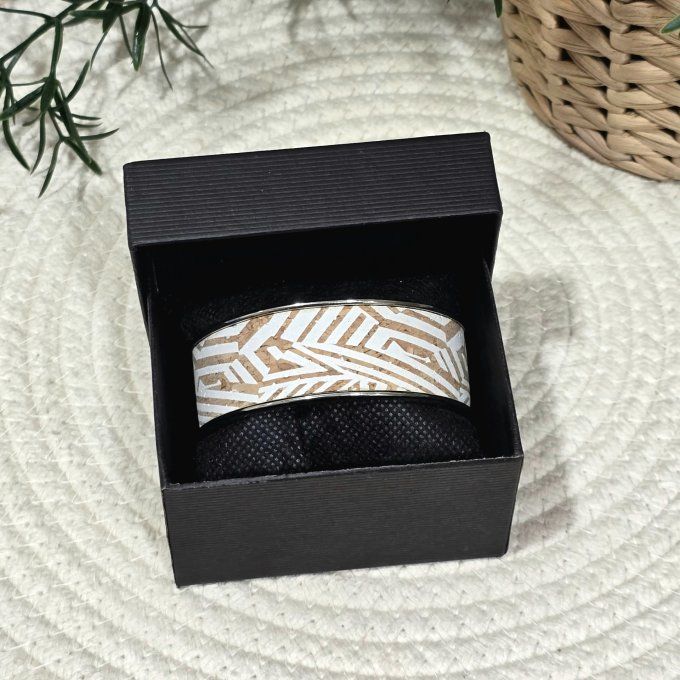 Bracelet manchette 20 mm argenté et liège motifs blancs