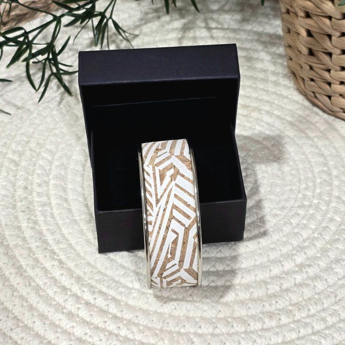 Bracelet manchette 20 mm argenté et liège motifs blancs