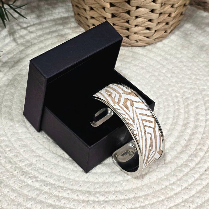 Bracelet manchette 20 mm argenté et liège motifs blancs