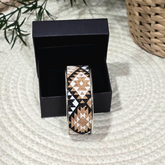 Bracelet manchette 20 mm argenté et liège motifs géométriques