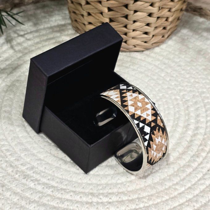 Bracelet manchette 20 mm argenté et liège motifs géométriques