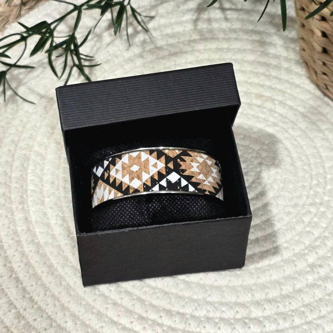 Bracelet manchette 20 mm argenté et liège motifs géométriques