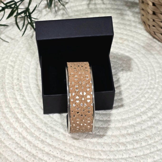Bracelet manchette 20 mm argenté et liège découpé