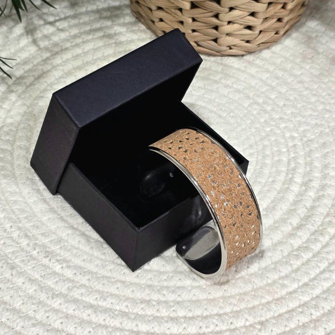 Bracelet manchette 20 mm argenté et liège découpé