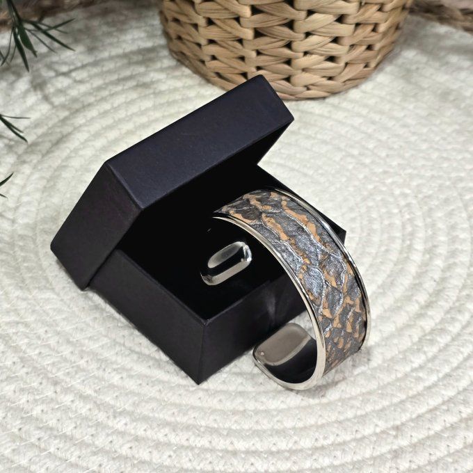 Bracelet manchette 20 mm argenté et liège peau de serpent