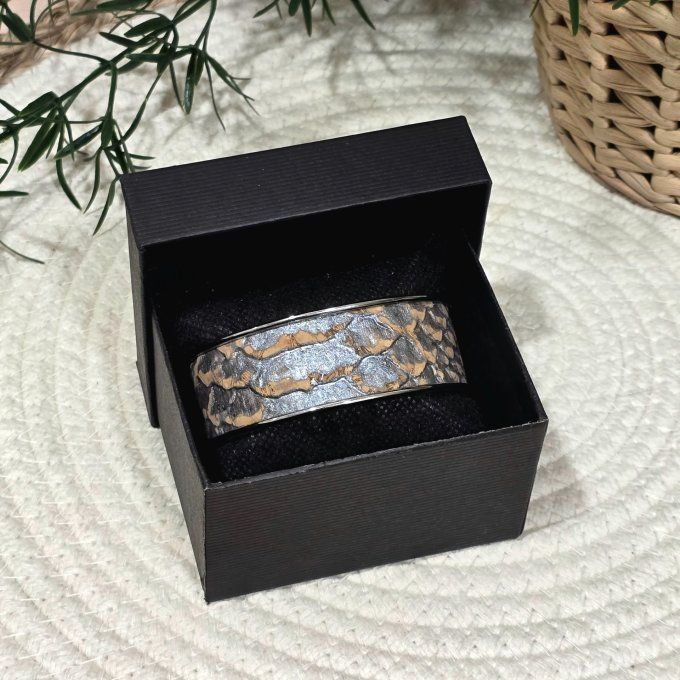 Bracelet manchette 20 mm argenté et liège peau de serpent