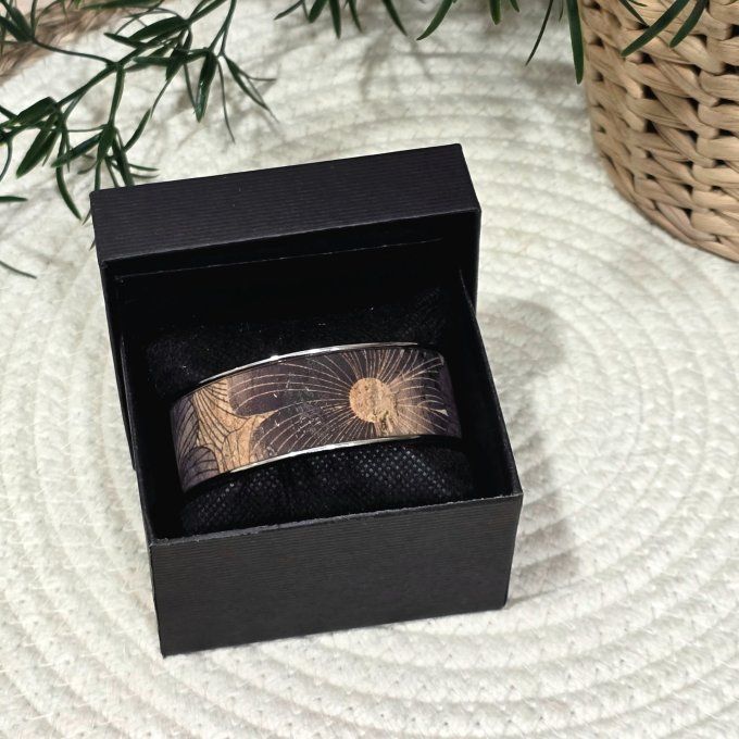 Bracelet manchette 20 mm argenté et liège imprimé fleurs