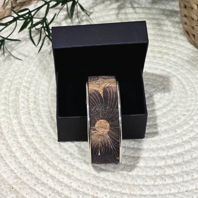 Bracelet manchette 20 mm argenté et liège imprimé fleurs