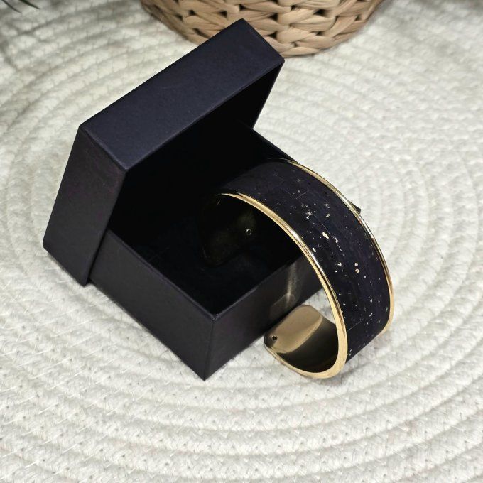 Bracelet manchette 20 mm liège noir éclats dorés