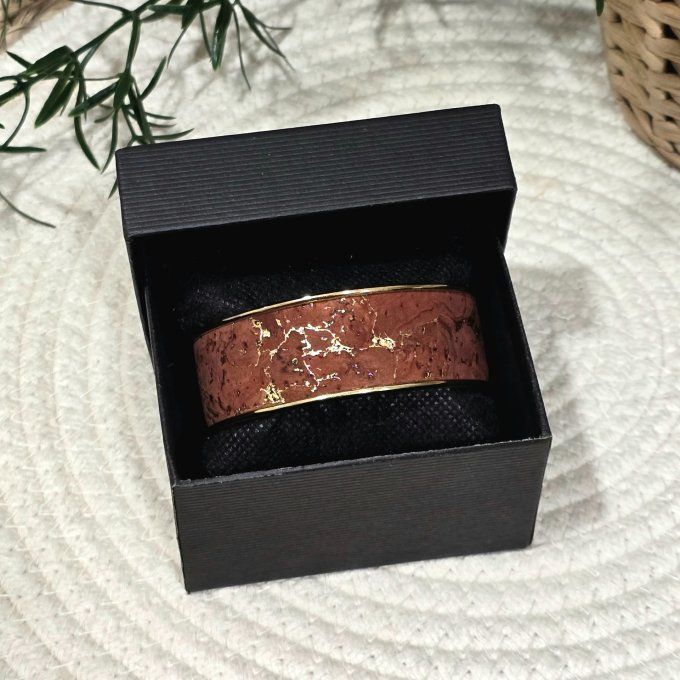 Bracelet manchette 20 mm Liège marron éclats or