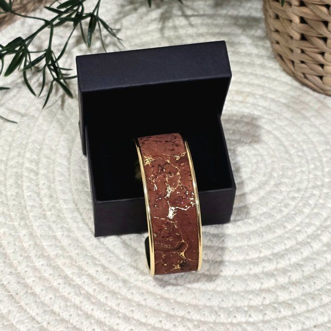 Bracelet manchette 20 mm Liège marron éclats or 