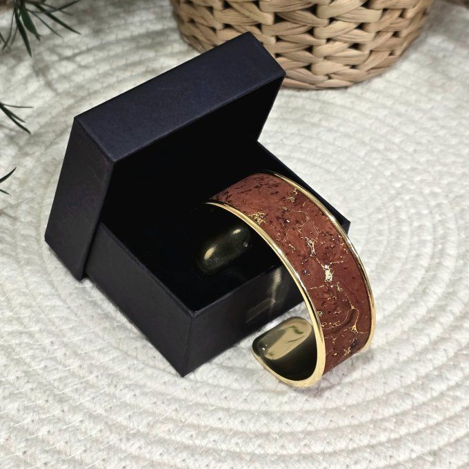 Bracelet manchette 20 mm Liège marron éclats or 