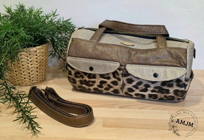 Sac simili léopard, bronze et marron
