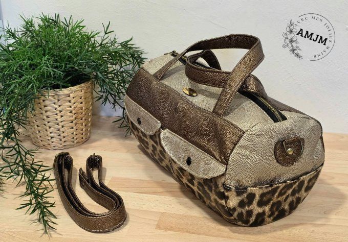Sac simili léopard, bronze et marron