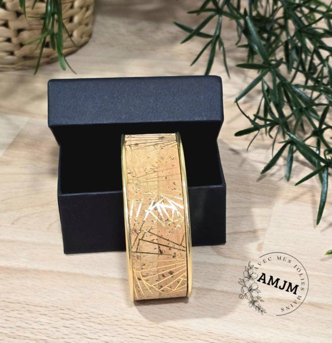 Bracelet manchette 20 mm Liège naturel motifs dorés 