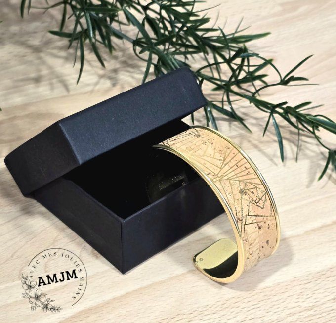 Bracelet manchette 20 mm Liège naturel motifs dorés 
