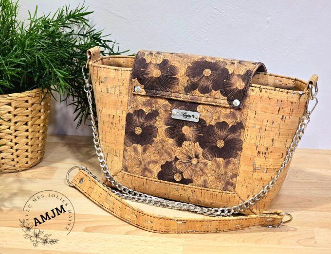 Sac Oma en liège fleuri et liège naturel éclats argentés