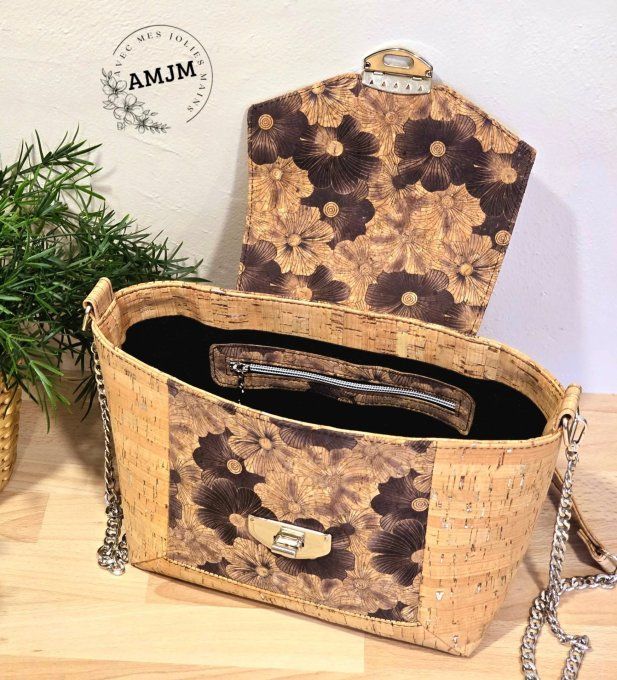 Sac Oma en liège fleuri et liège naturel éclats argentés