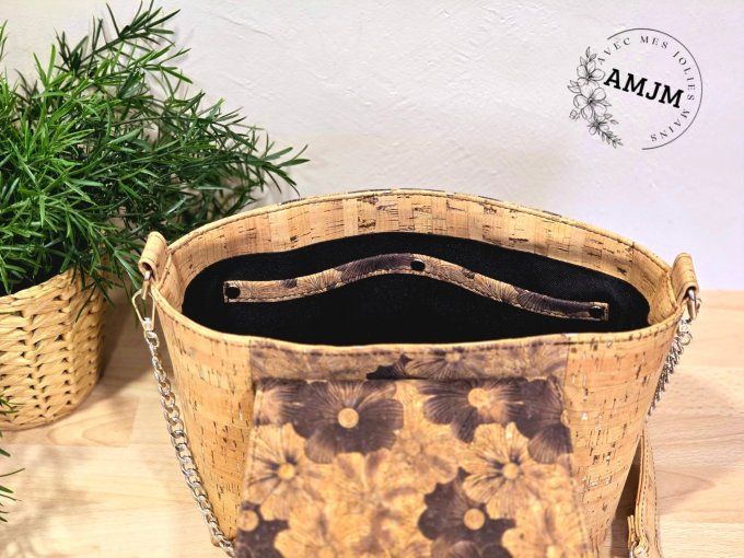 Sac Oma en liège fleuri et liège naturel éclats argentés